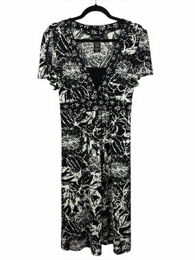 Style & Co Black White Floral Dress Large Flutter Sleeve Empire Waist Tie Back